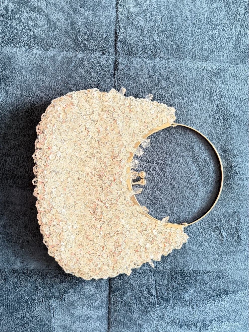 Sequined Crescent Mini Bag with Gold Ring Handle - Pink